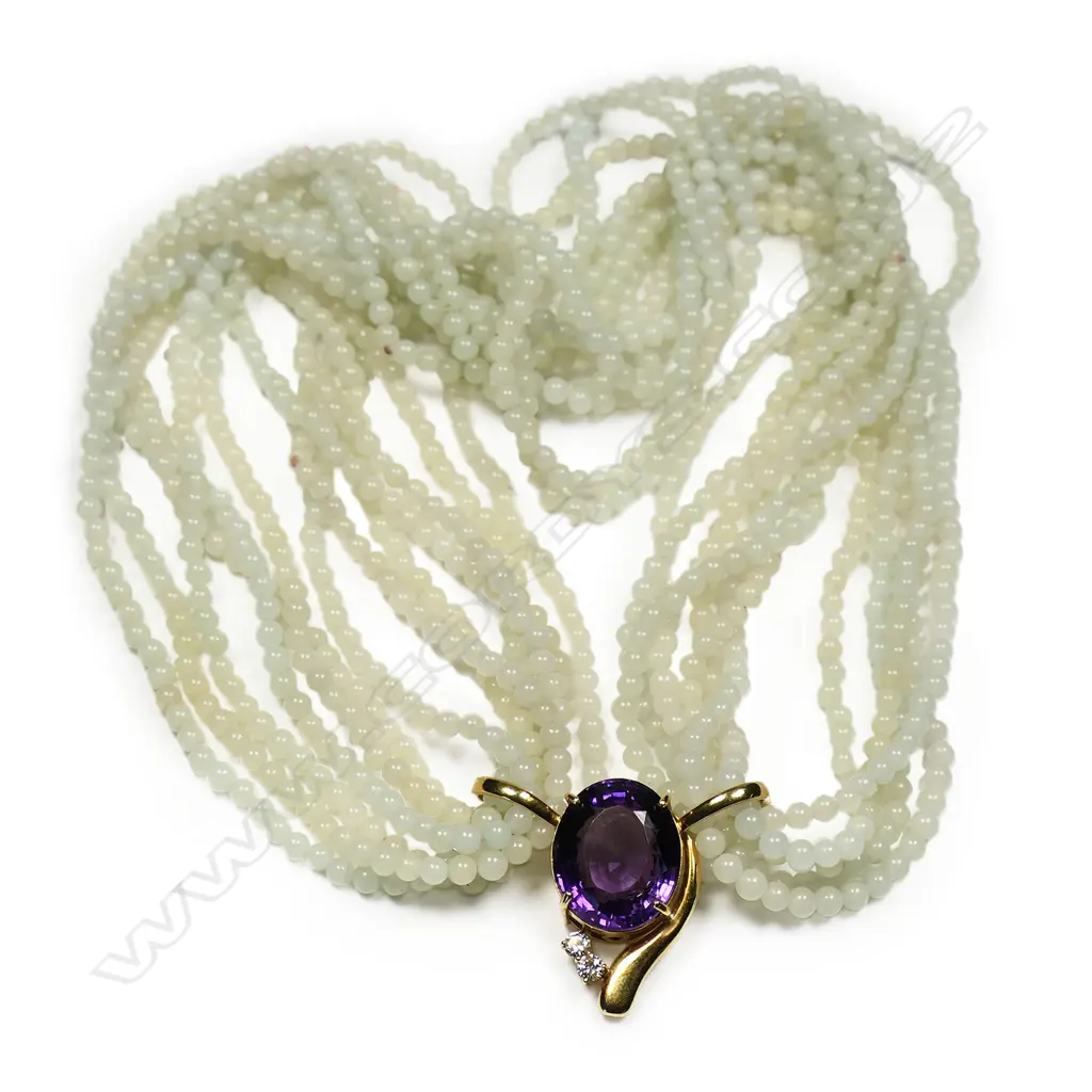 A jadeite bead necklace with 18ct gold amethyst and diamond enhancer, Image 1++