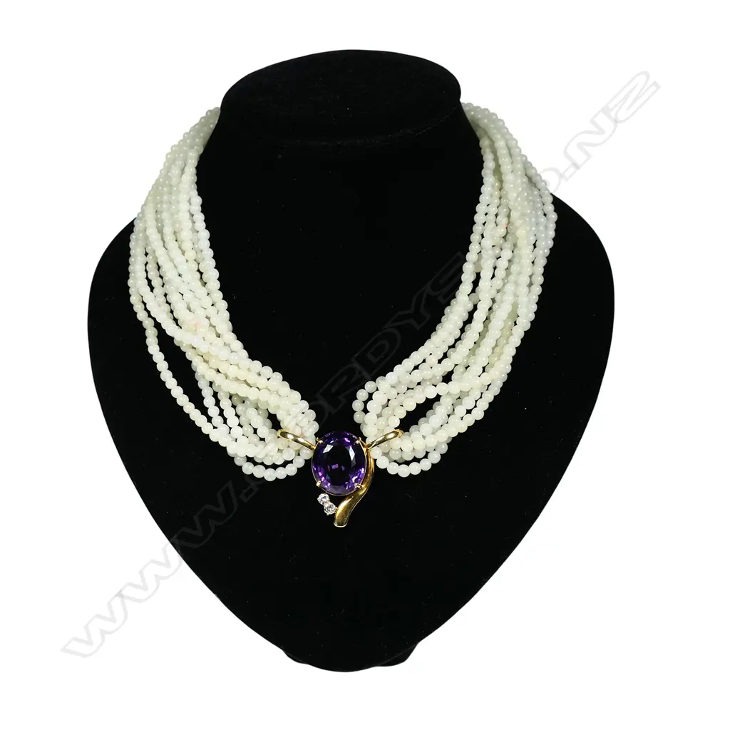 A jadeite bead necklace with 18ct gold amethyst and diamond enhancer, Image 1++