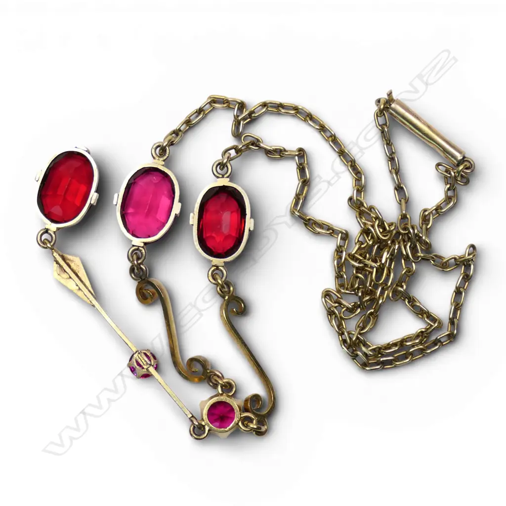 An Edwardian 9ct gold and synthetic ruby and pearl necklace, Image 1++