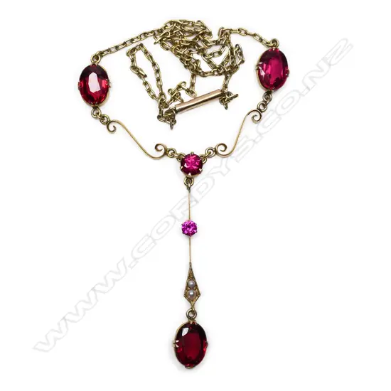 An Edwardian 9ct gold and synthetic ruby and pearl necklace,