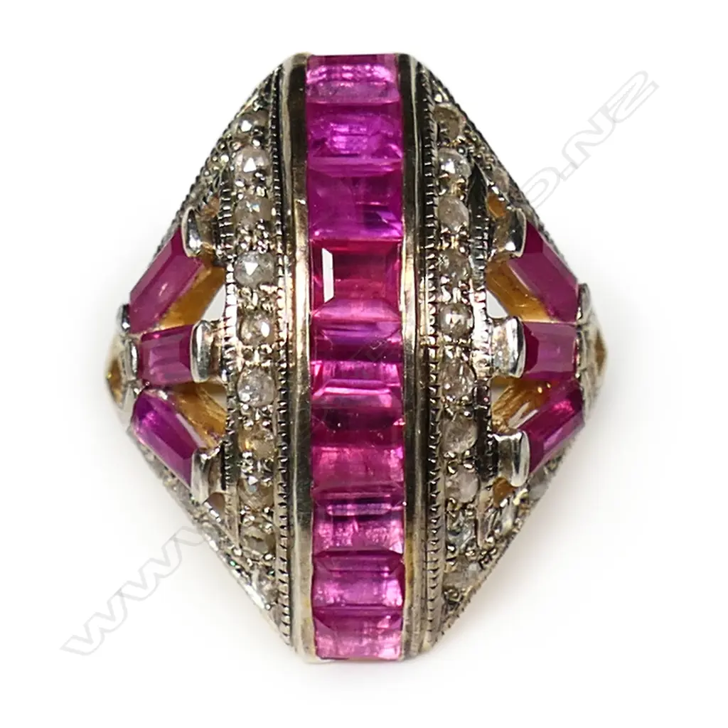 A silver gilt diamond and ruby Art Deco style ring, Image 1++