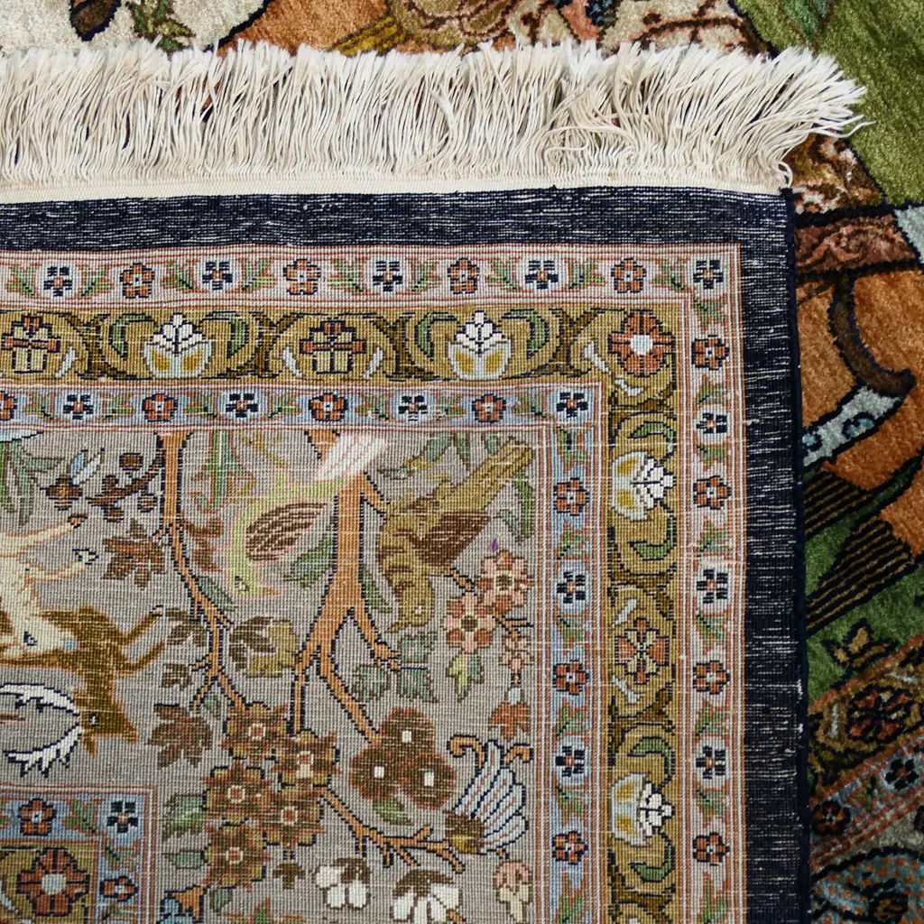 A hand-knotted Kashmir pictorial silk rug, Image 1++