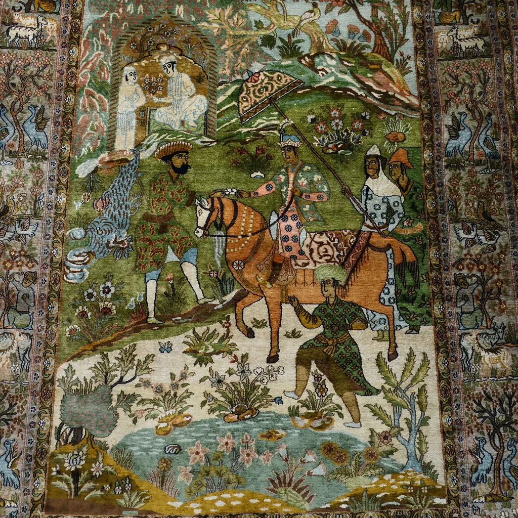 A hand-knotted Kashmir pictorial silk rug, Image 1++