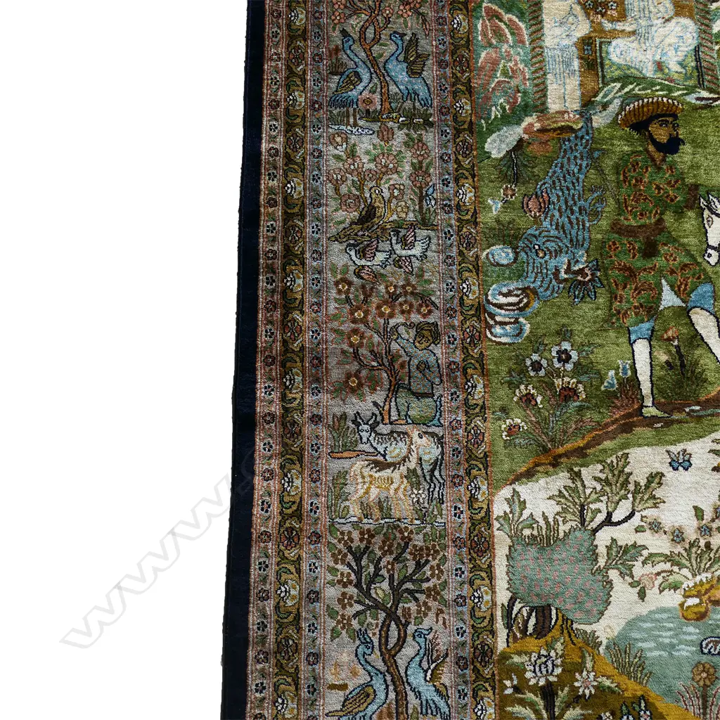 A hand-knotted Kashmir pictorial silk rug, Image 1++