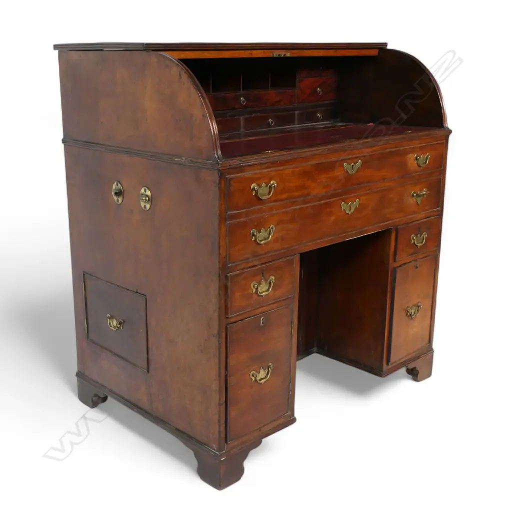 A rare 19thC mahogany drum front pedestal bureau, Image 1++