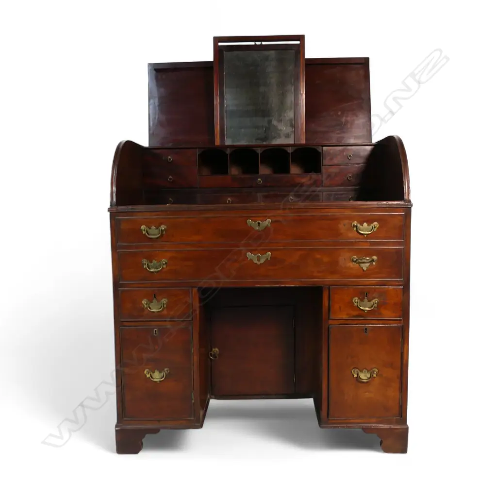 A rare 19thC mahogany drum front pedestal bureau, Image 1++