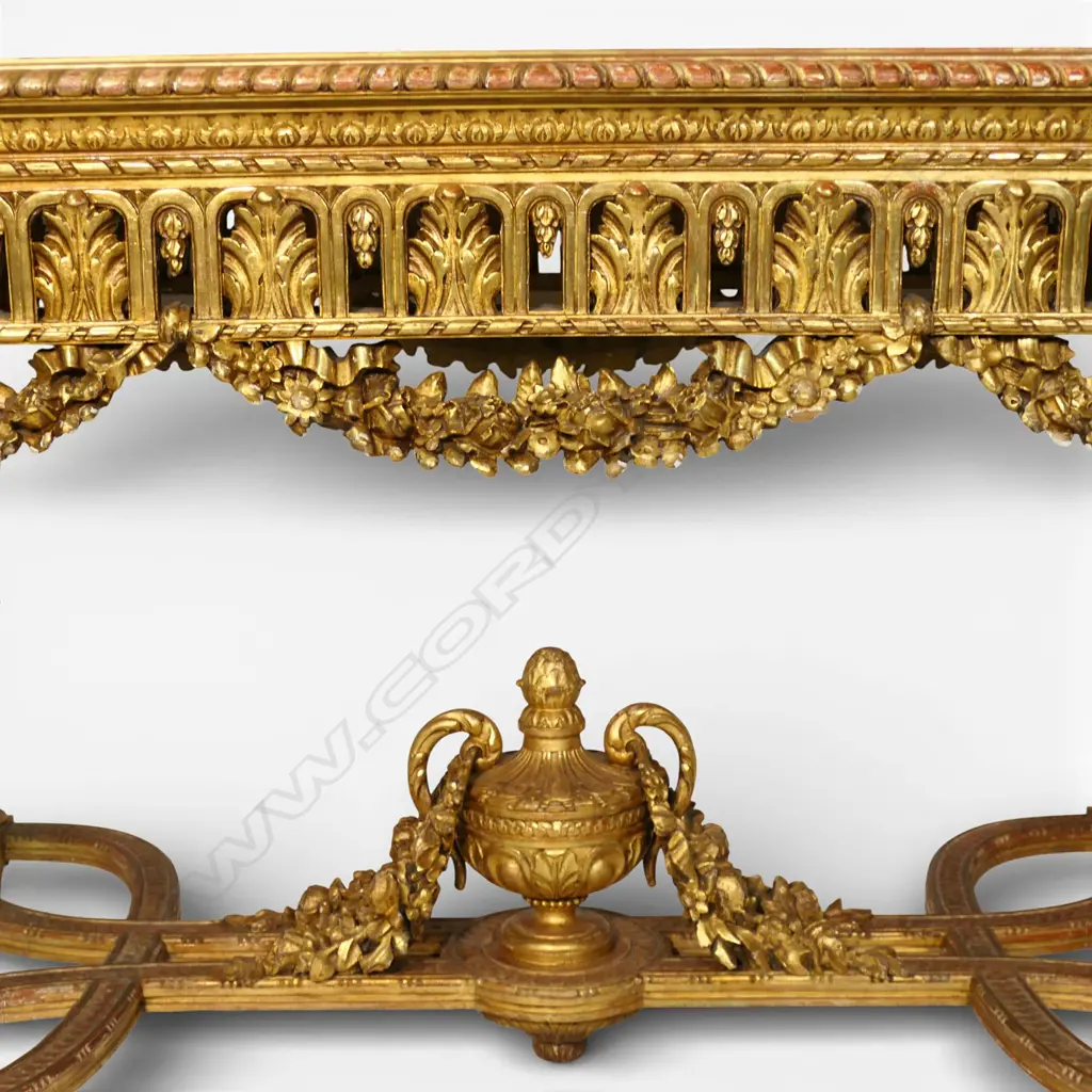 A quality 19thC French Louis XVI style gilt wood and marble console table, Image 1++