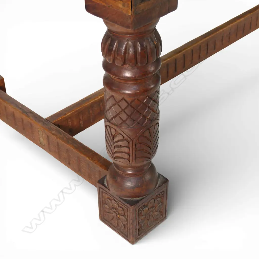 A large solid antique oak Elizabethan style refectory dining table, Image 1++