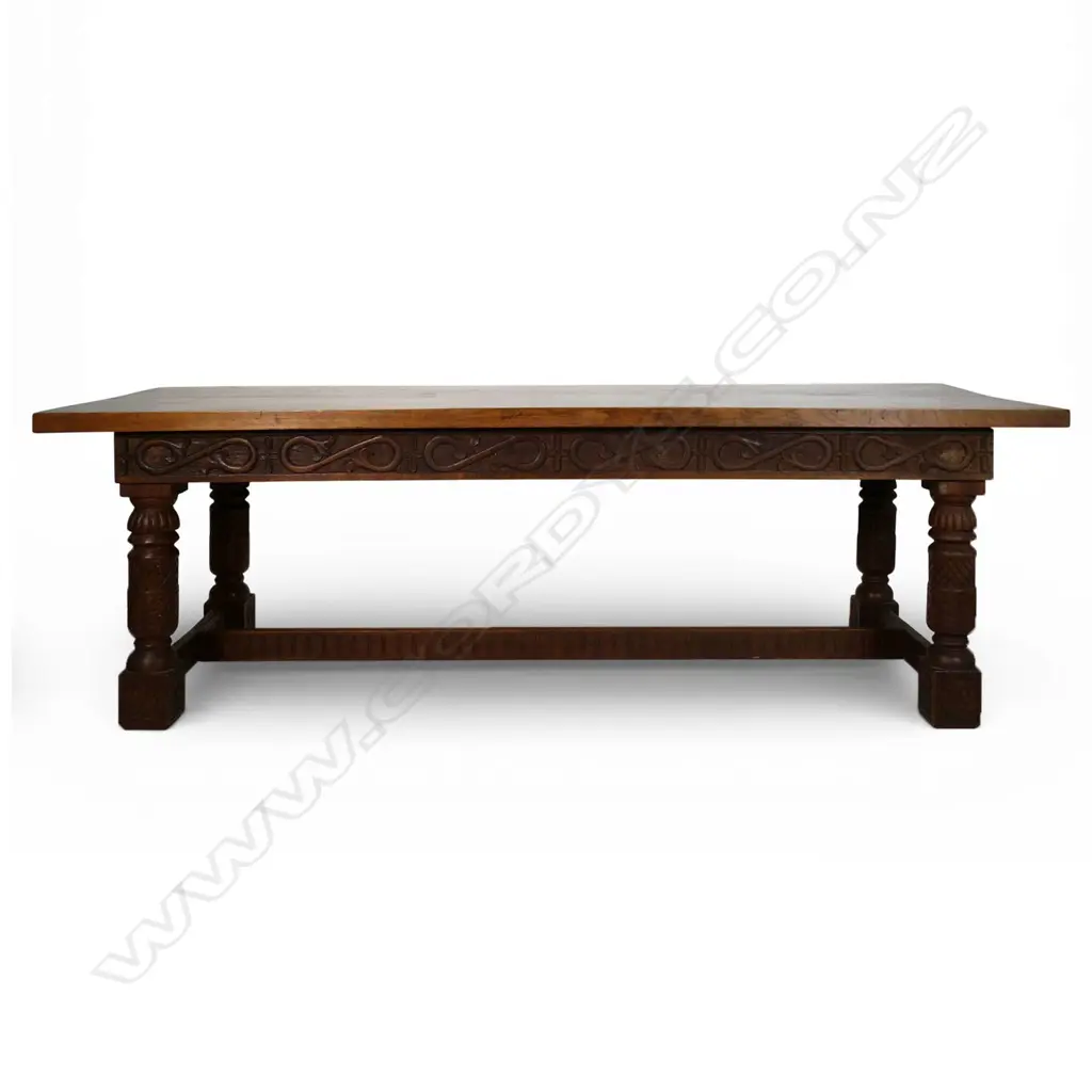A large solid antique oak Elizabethan style refectory dining table, Image 1++