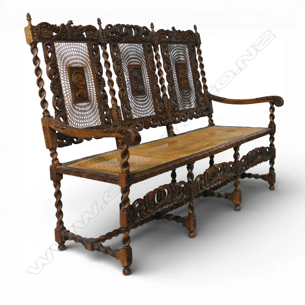 Antique oak English Charles II Carolean style carved bench, Image 1++