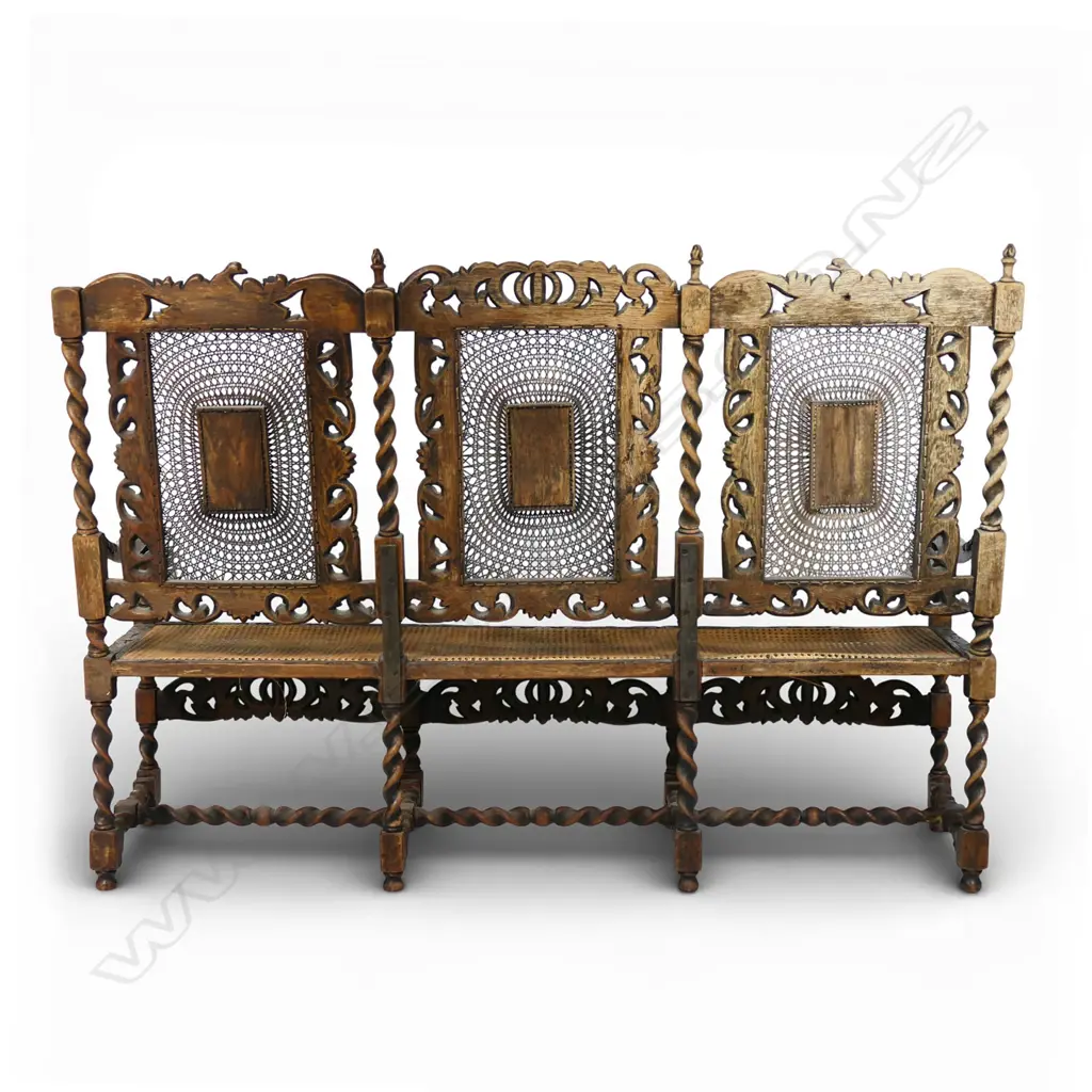 Antique oak English Charles II Carolean style carved bench, Image 1++