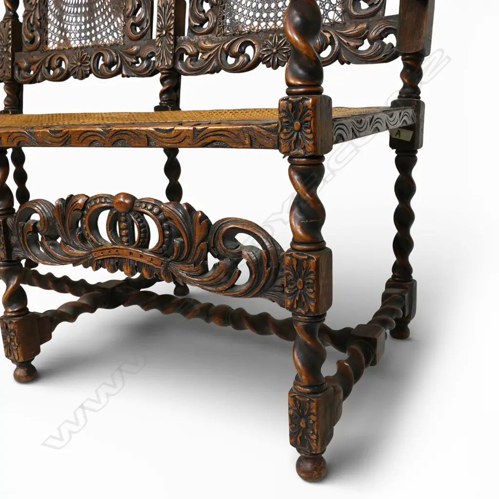 Antique oak English Charles II Carolean style carved bench, Image 1++