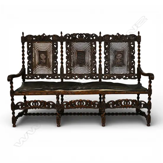 Antique oak English Charles II Carolean style carved bench,