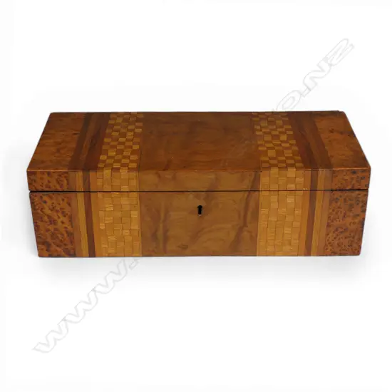 A quality late c1900 New Zealand woods inlaid glove box,
