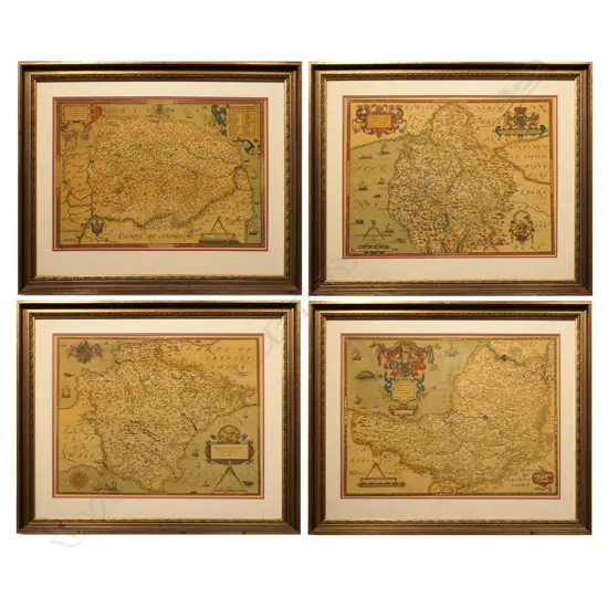 A set of four reprinted Christopher Saxton surveyed English county maps published by John Speed in the 17thC,