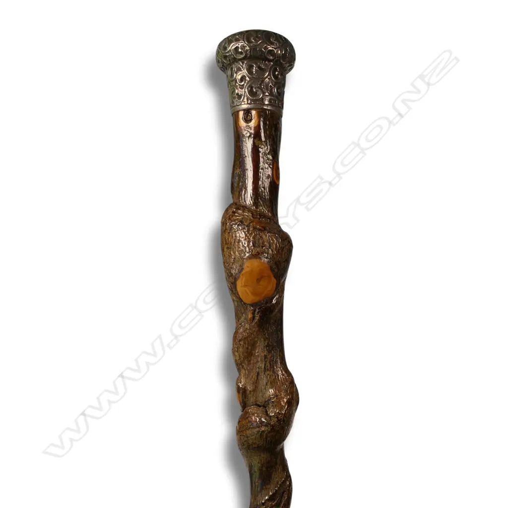 An early 20thC large silver topped twisted vine walking stick, Image 1++