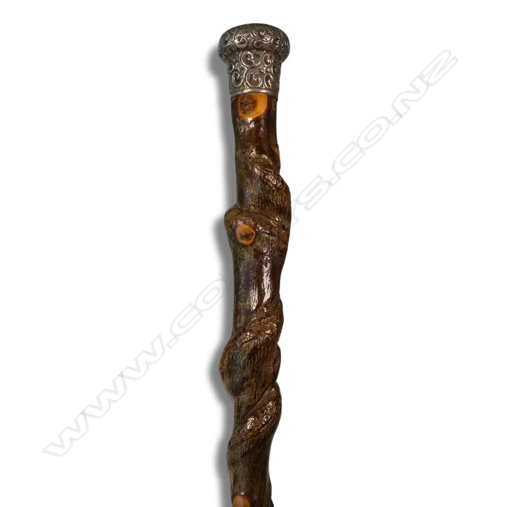 An early 20thC large silver topped twisted vine walking stick, Image 1++