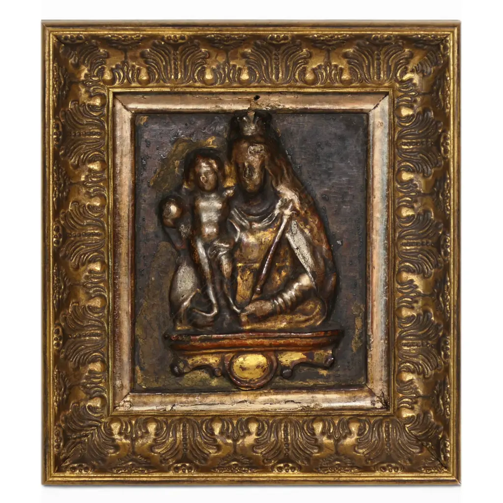 An Italian 18thC cartapesta gilded relief of the Virgin and Child, Image 1++