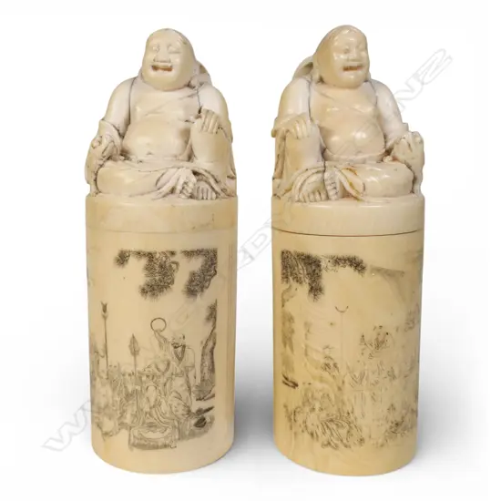 A fine pair Chinese carved ivory figure lidded jars,