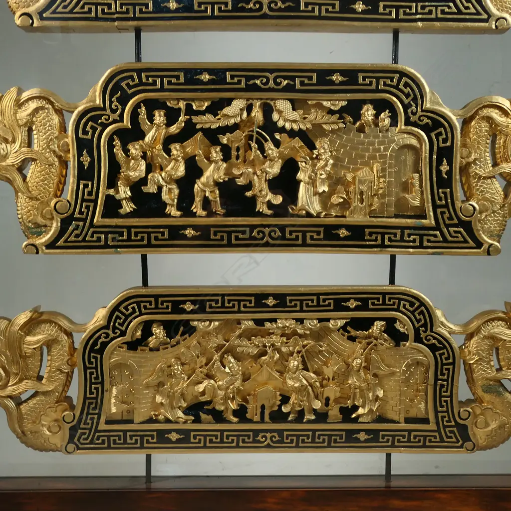 A Chinese set of four carved and gilt panels framed as a room screen, Image 1++
