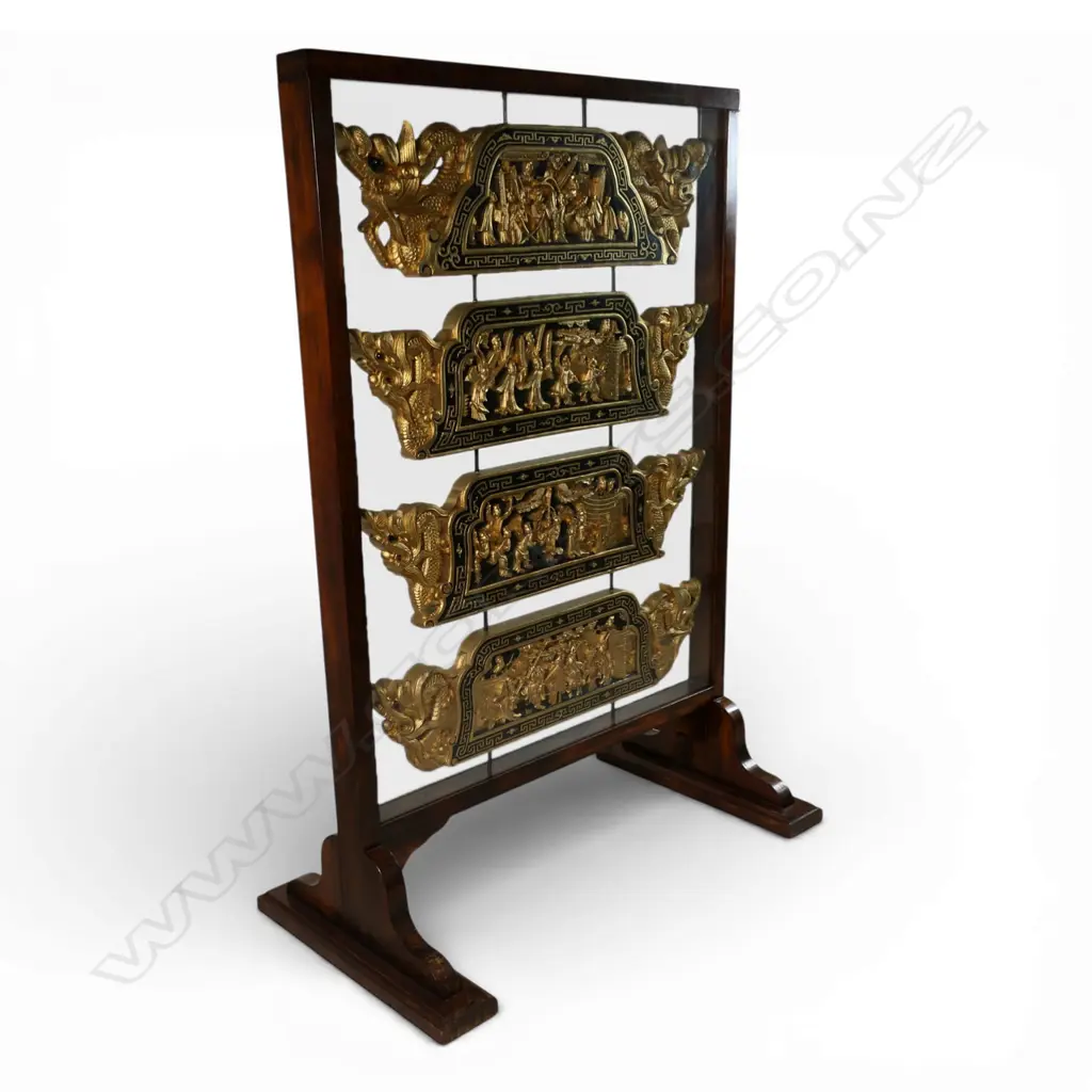A Chinese set of four carved and gilt panels framed as a room screen, Image 1++