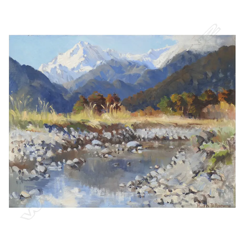 Ruth D. Browne (NZ 1905-2002) Mountain and River Landscape, Image 1++