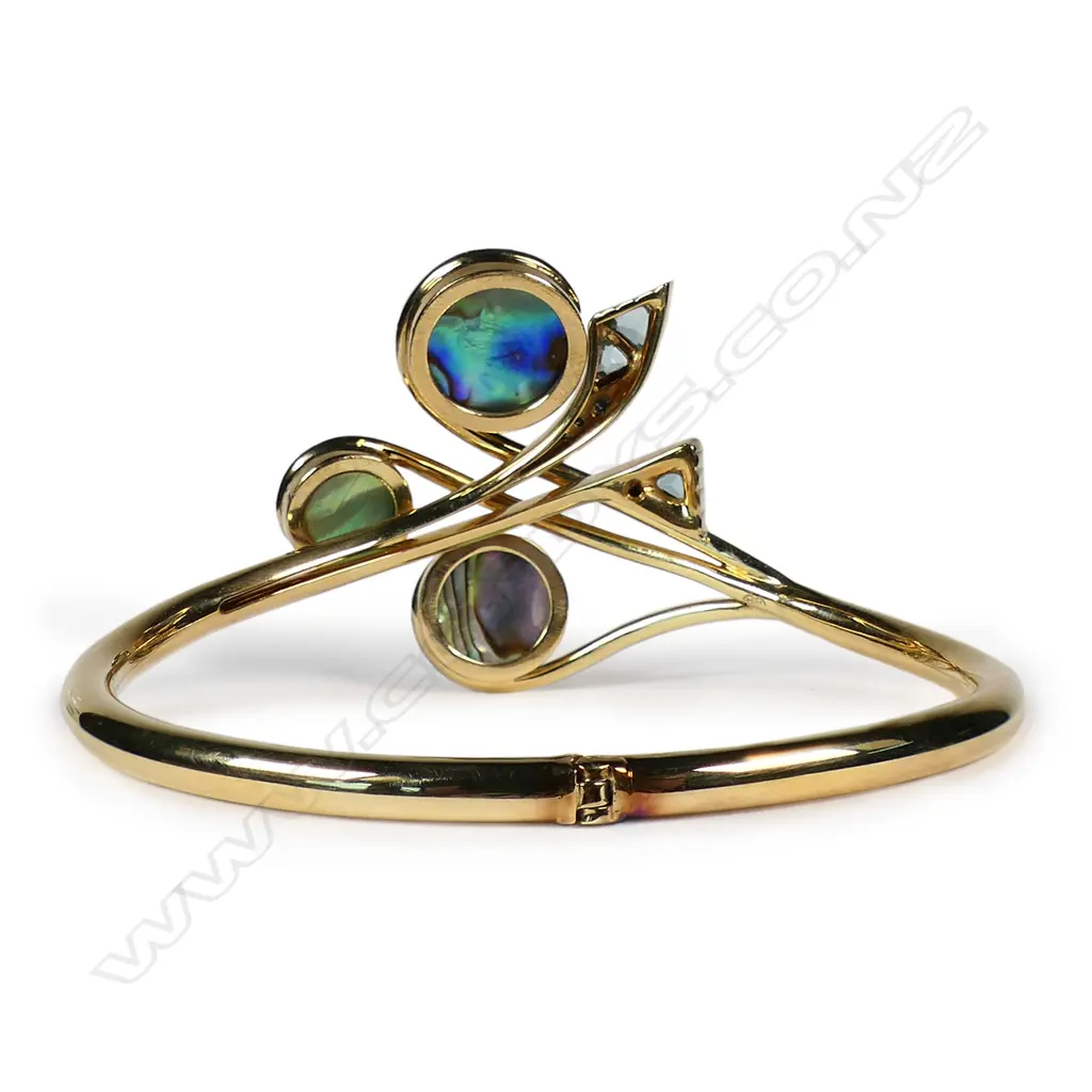 A Simon Misdale original 9ct gold topaz and paua mabe pearl bangle, Image 1++