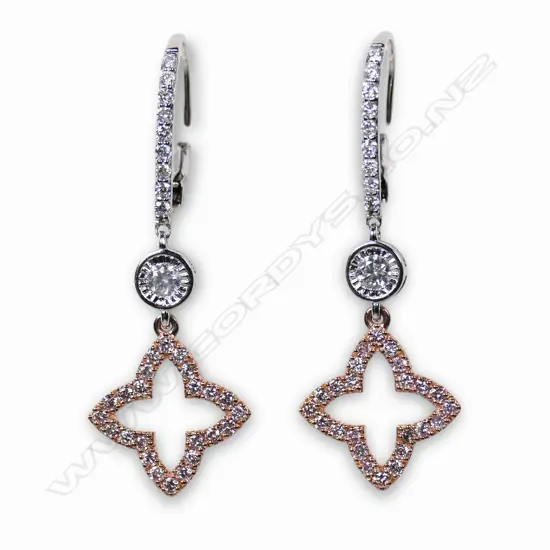 A pair of 14ct white and rose gold diamond drop earrings,