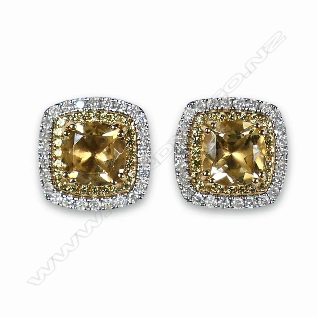 A pair of 14ct white gold heliodor and diamond stud earrings, Image 1++