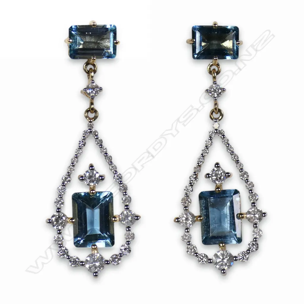 A pair of 14ct gold aquamarine and diamond drop earrings, Image 1++