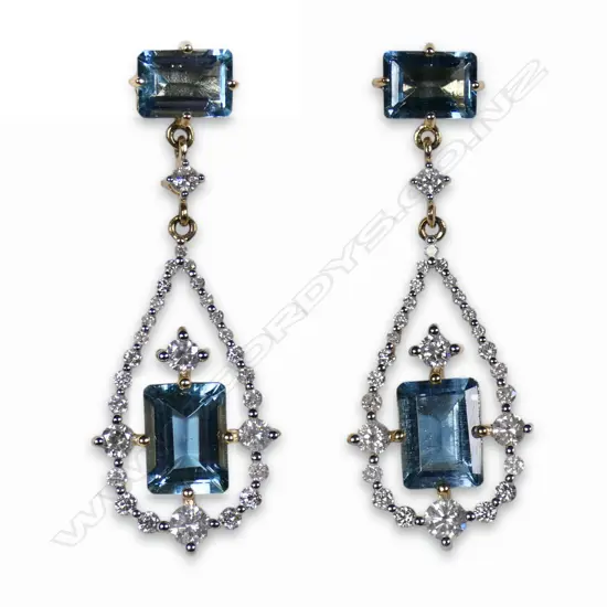 A pair of 14ct gold aquamarine and diamond drop earrings,