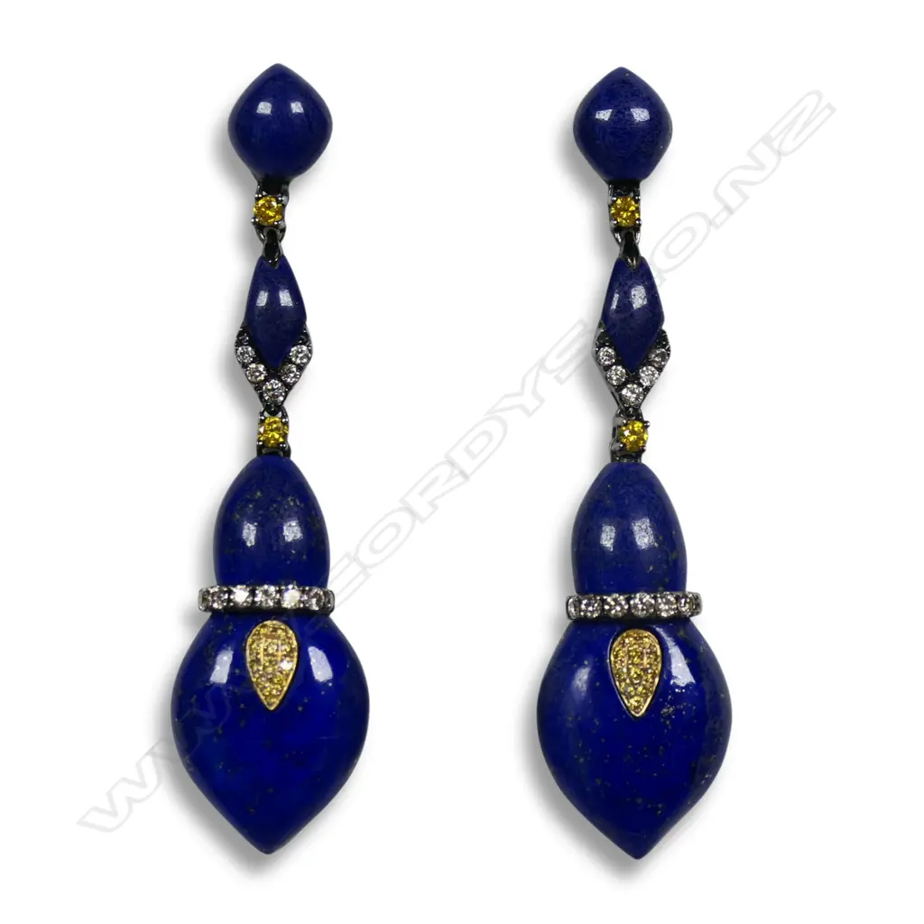 A pair of antique style 18ct gold lapis lazuli and diamond drop earrings, Image 1++