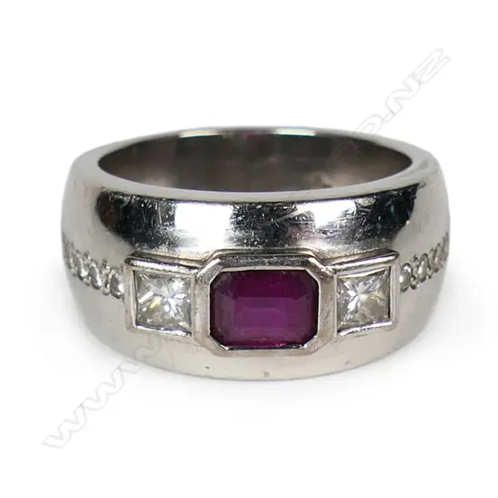 A contemporary 18ct white gold ruby and diamond ring,