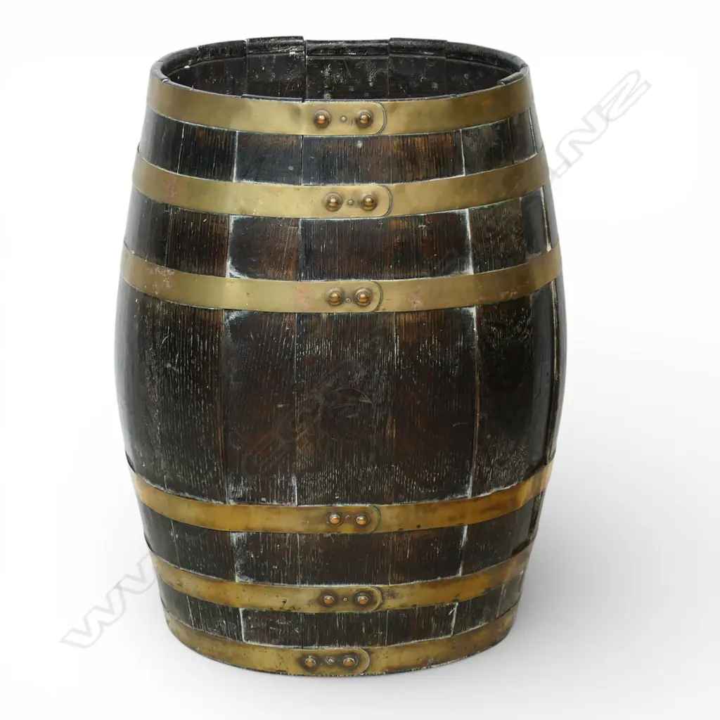 A 19thC oak and brass bound barrel stick or umbrella stand, Image 1++