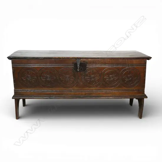 A George III oak boarded coffer,