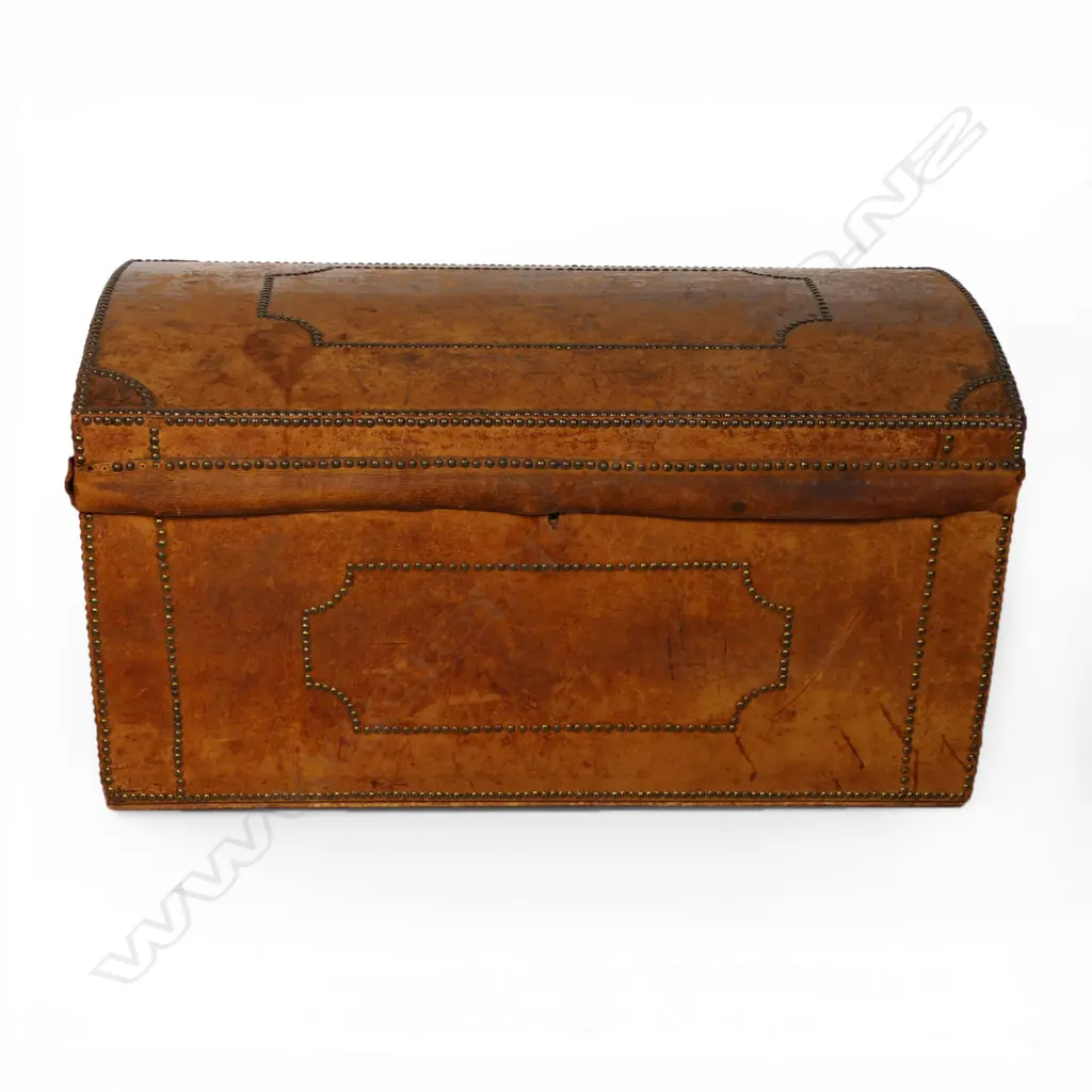 A 19thC brass studded leather domed top trunk, Image 1++