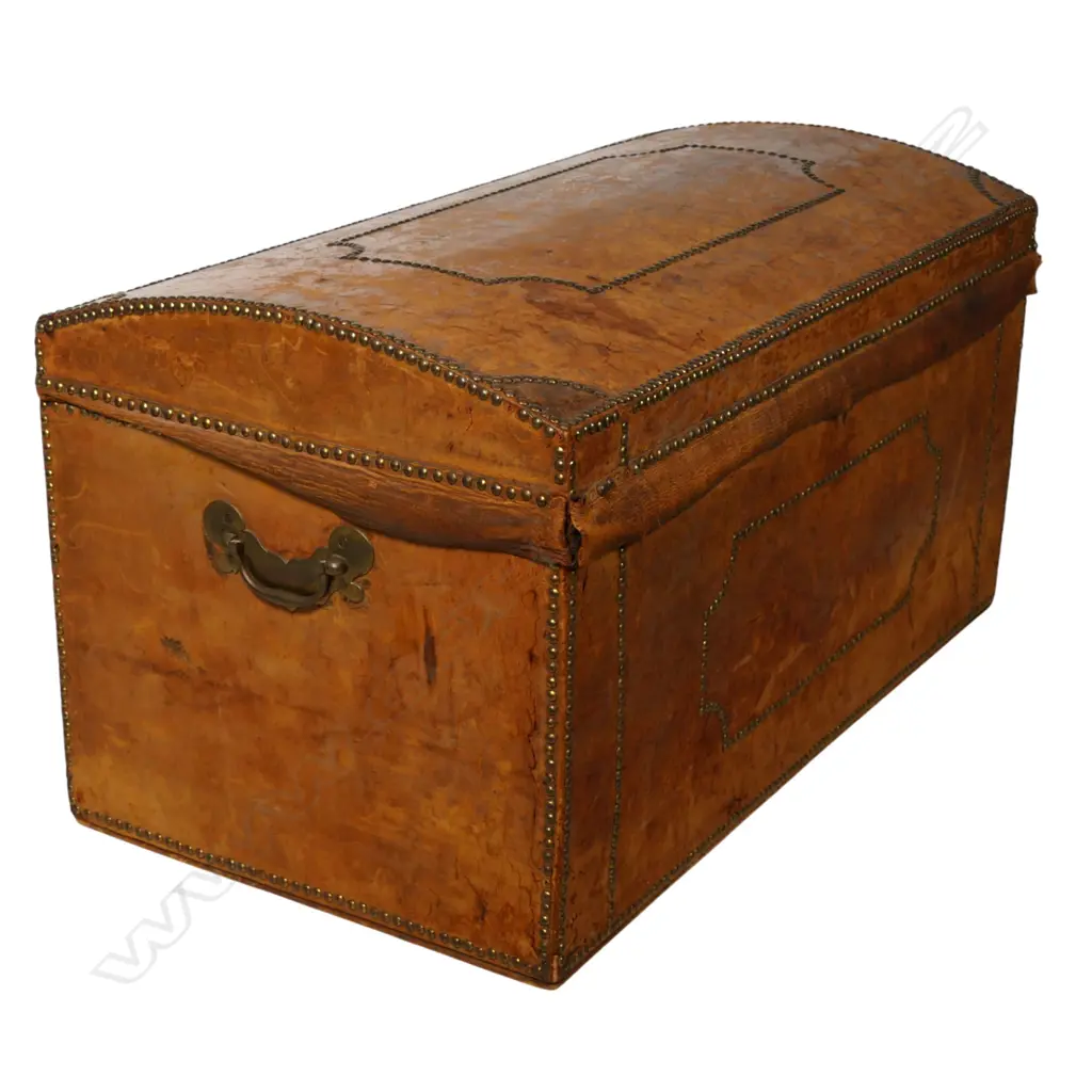 A 19thC brass studded leather domed top trunk, Image 1++
