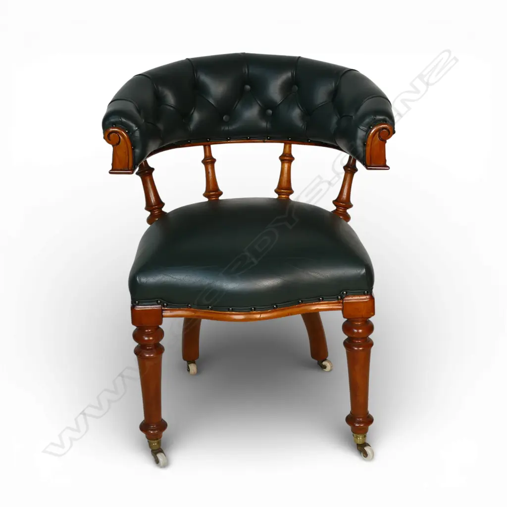 A good colonial kauri and green leather captain's tub chair, Image 1++