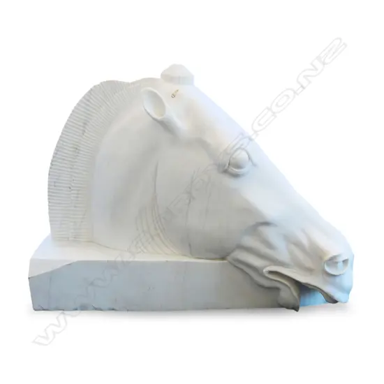 A very large and heavy carved white marble horses head replica of the 'Head of the Horse of Selene',