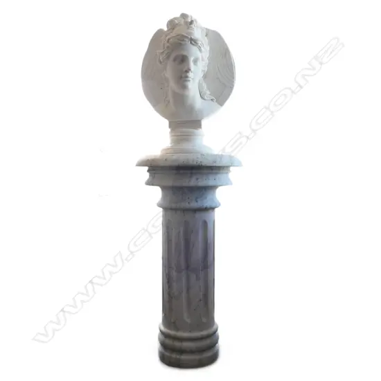 A large white marble bust of the Greek mythological figure Hypnos,