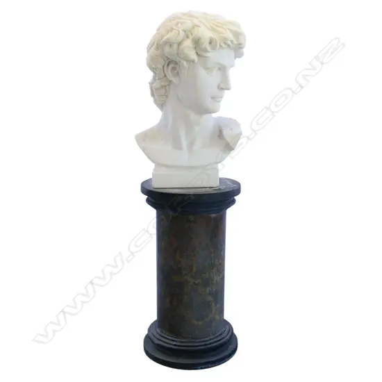 A large white marble bust of the head of David,