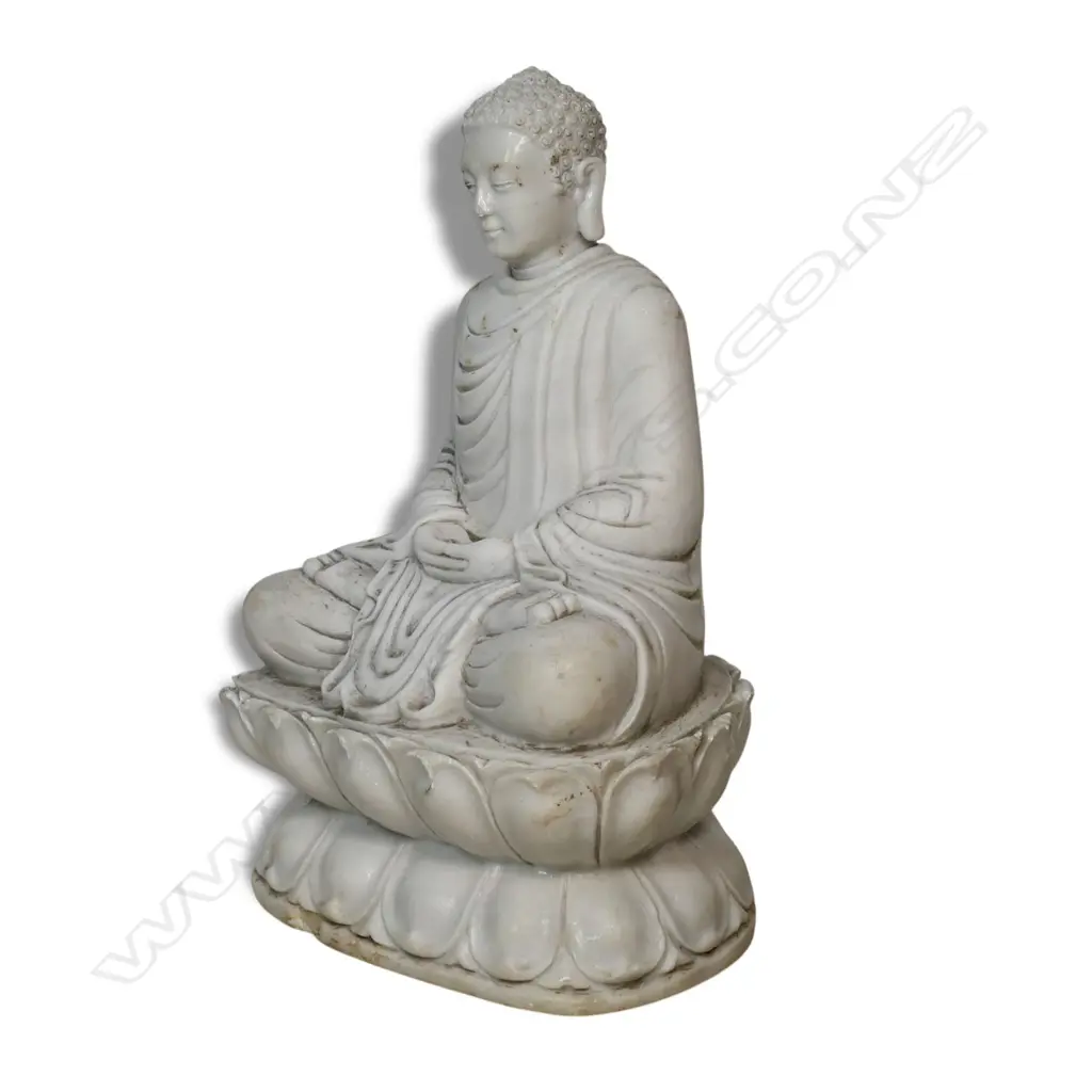 A vintage Chinese large carved white marble buddha on lotus throne, Image 1++