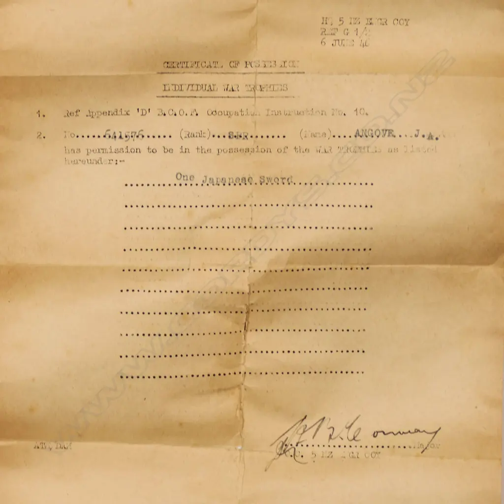 Japanese WWII katana sword in scabbard with NZ 'Certificate of Possession', Image 1++