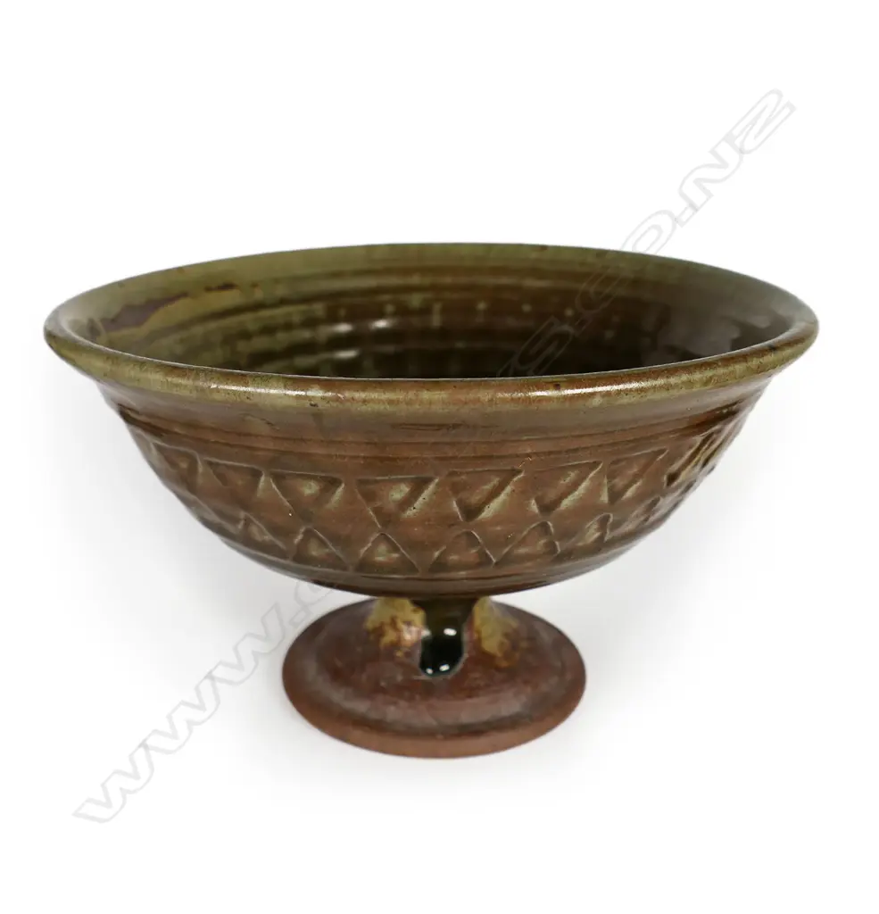 Mirek Smisek pedestal footed bowl red glaze over Khaki green, Image 1++