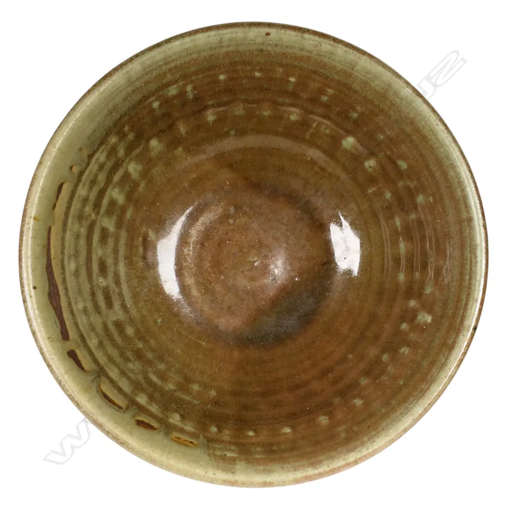 Mirek Smisek pedestal footed bowl red glaze over Khaki green, Image 1++