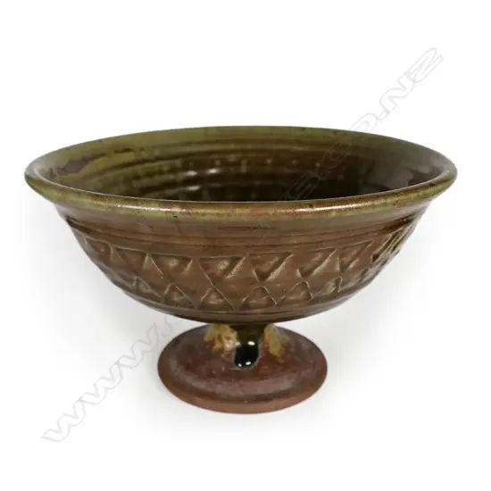 Mirek Smisek pedestal footed bowl red glaze over Khaki green,