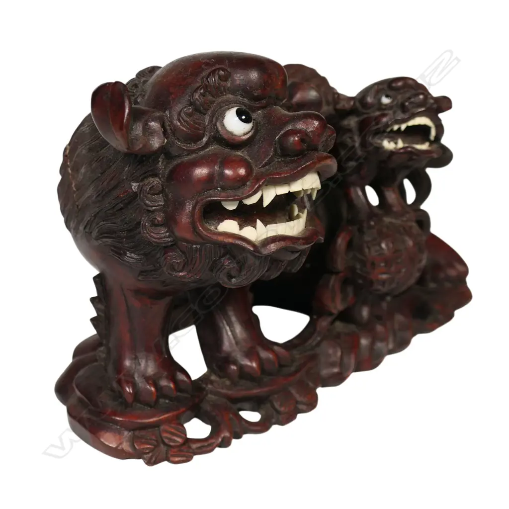 A vintage Chinese hardwood carved foo dog and pup, Image 1++
