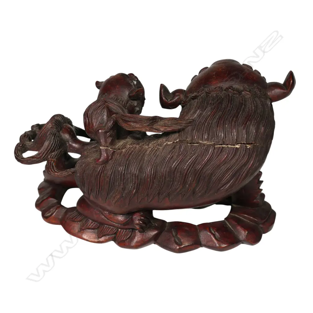 A vintage Chinese hardwood carved foo dog and pup, Image 1++