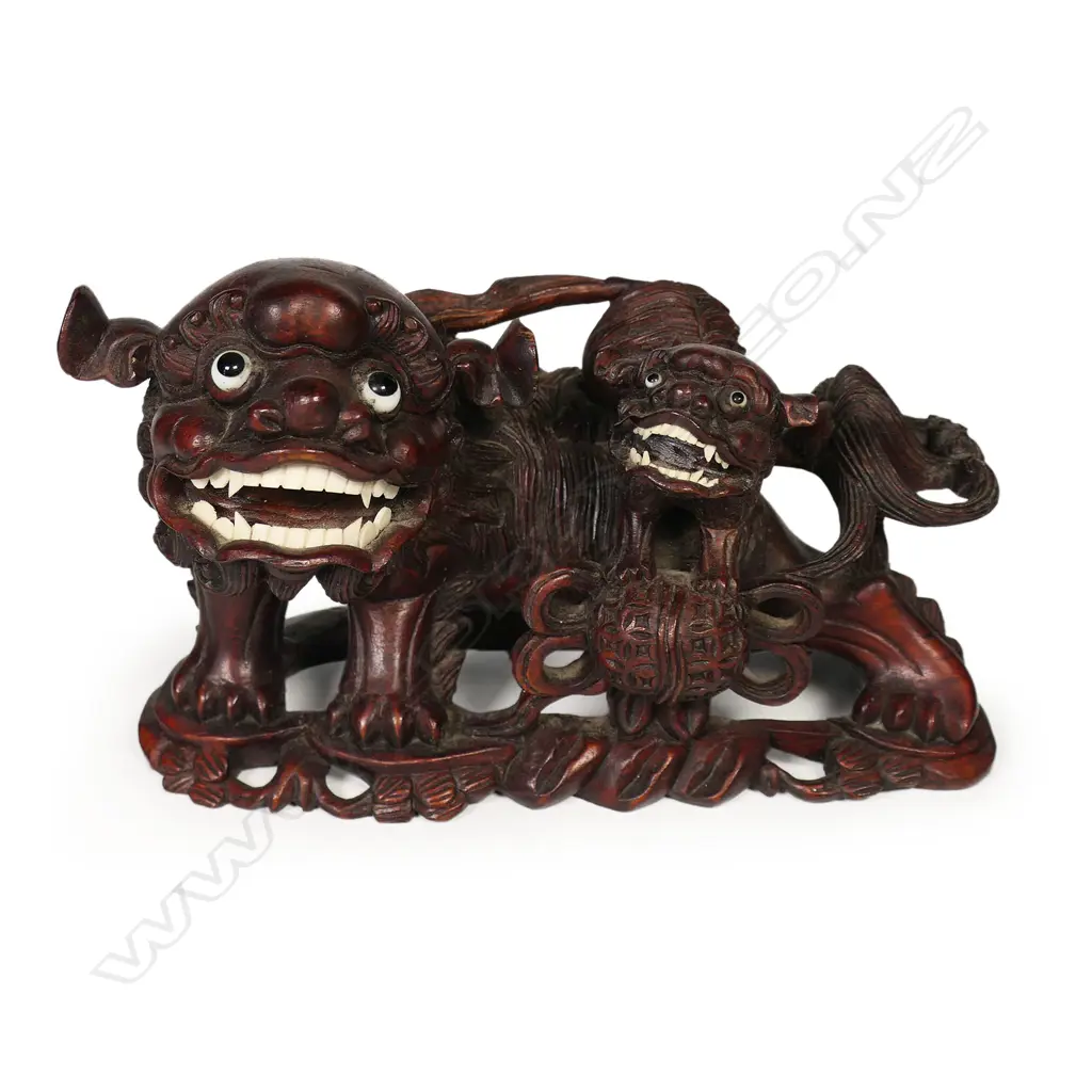 A vintage Chinese hardwood carved foo dog and pup, Image 1++