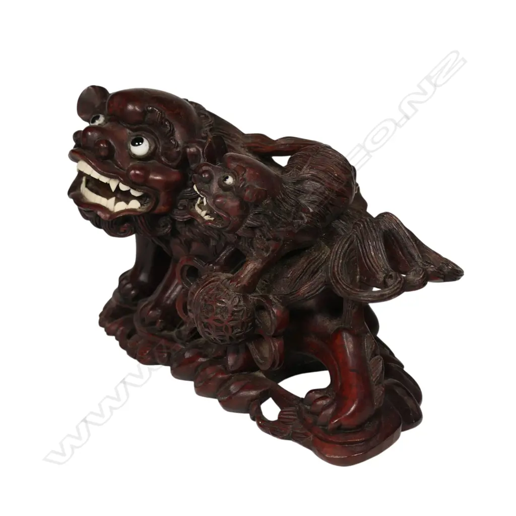 A vintage Chinese hardwood carved foo dog and pup, Image 1++